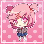  :&lt; chibi doki_doki_literature_club eyebrows_visible_through_hair full_body hair_ornament hairclip hands_on_hips heart heart-shaped_pupils looking_at_viewer natsuki_(doki_doki_literature_club) outline pink_background pink_eyes pink_hair polka_dot polka_dot_background runeechan school_uniform short_hair solo symbol-shaped_pupils two_side_up white_legwear white_outline 