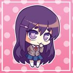  arm_behind_back chibi doki_doki_literature_club eyebrows_visible_through_hair full_body hair_ornament hairclip hand_to_own_mouth heart heart-shaped_pupils long_hair looking_at_viewer outline pink_background polka_dot polka_dot_background purple_eyes purple_hair runeechan school_uniform smile solo symbol-shaped_pupils very_long_hair white_legwear white_outline yuri_(doki_doki_literature_club) 