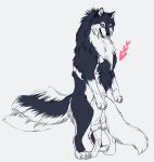  2018 4_toes anthro black_fur black_hair canine clothed clothing digital_media_(artwork) digitigrade dire_wolf duo fur hair inkrend mammal nude simple_background smile toes wolf 