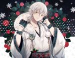  1boy abandon_ranka black_gloves christmas fur_trim gloves highres holly hood japanese_clothes leaf male_focus partly_fingerless_gloves pom_pom_(clothes) ribbon smile snowflakes sparkle star touken_ranbu tsurumaru_kuninaga white_hair yellow_eyes 