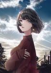  bangs black_hair blue_eyes bob_cut cako_asida cloud commentary_request earrings jewelry looking_at_viewer original outdoors piercing short_hair sky solo sunset sweater tree turtleneck turtleneck_sweater 