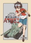  black_hair comic commentary_request ground_vehicle military military_vehicle motor_vehicle mouse_(computer) ochinu_(wpkf2378) original pants red_eyes shirt shoes short_hair shorts smile tank type_3_chi-nu world_of_tanks 
