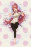  :d absurdres bad_id bad_pixiv_id barefoot bed_sheet beige_sweater black_pants breasts brown_hair casual commentary cosplay dakimakura doki_doki_literature_club english_commentary eyebrows_visible_through_hair from_above full_body green_eyes hair_ribbon highres knife long_hair looking_at_viewer lying medium_breasts monika_(doki_doki_literature_club) on_back open_mouth outstretched_arms p-nekoe pants ponytail ribbed_sweater ribbon smile solo sweater very_long_hair white_ribbon yuri_(doki_doki_literature_club) yuri_(doki_doki_literature_club)_(cosplay) 