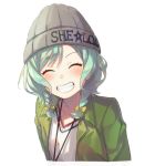  ^_^ aqua_hair bang_dream! beanie blush bow closed_eyes facing_viewer green_jacket grey_hat grin hair_bow hat headwear_writing hikawa_hina jacket jewelry pendant short_hair side_braids simple_background smile solo unapoppo upper_body white_background yellow_bow 