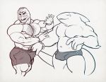  anthro avian beak big_muscles bird bulge clothed clothing clothing_pull duo eagle fish male marine musclegut muscular muscular_male navel open_mouth pecs ripped-saurian shark simple_background slightly_chubby tongue topless white_background 