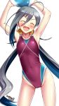  :d ^_^ adapted_costume ahoge armpits artist_name blue_hair cameltoe closed_eyes competition_swimsuit contrapposto covered_navel cowboy_shot dated facing_viewer flat_chest grey_eyes hair_between_eyes hair_bun hair_ribbon highres kantai_collection kiyoshimo_(kantai_collection) long_hair low_twintails one-piece_swimsuit open_mouth ribbon simple_background smile solo standing swimsuit tsuchimiya twintails very_long_hair white_background yellow_ribbon 
