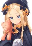  abigail_williams_(fate/grand_order) bangs black_bow black_dress black_hat blonde_hair blue_eyes blush bow closed_mouth commentary_request dress fate/grand_order fate_(series) forehead hair_bow hat ko_31 long_hair long_sleeves looking_at_viewer object_hug orange_bow parted_bangs simple_background sleeves_past_fingers sleeves_past_wrists solo stuffed_animal stuffed_toy teddy_bear very_long_hair white_background 