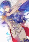  blue_eyes blue_hair bouquet cape commentary european_clothes fire_emblem fire_emblem:_ankoku_ryuu_to_hikari_no_tsurugi fire_emblem:_monshou_no_nazo fire_emblem:_shin_ankoku_ryuu_to_hikari_no_tsurugi fire_emblem:_shin_monshou_no_nazo fire_emblem_heroes flower gloves highres holding holding_bouquet kariya_(mizore) looking_at_viewer male_focus marth petals smile solo vest 