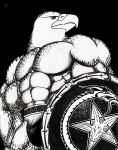  anthro avian bald_eagle beak big_muscles bird black_and_white bulge clothed clothing duphasdan eagle hi_res looking_aside male monochrome muscular muscular_male pentagram shield solo topless 