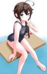  ahoge blue_eyes braid breasts brown_hair collarbone commentary_request covered_navel eyebrows_visible_through_hair food hair_between_eyes hair_over_shoulder highres kantai_collection kaze_makase long_hair one-piece_swimsuit popsicle school_swimsuit shigure_(kantai_collection) sitting small_breasts solo swimsuit 