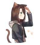  animal_ears aqua_eyes bang_dream! blue_jacket blush brown_hair cat_ears cat_tail cropped_jacket cropped_torso from_side grey_hoodie hair_ornament hairclip hand_on_ear hood hood_down hoodie jacket kemonomimi_mode layered_clothing long_sleeves medium_hair okusawa_misaki paw_print simple_background solo sweatdrop tail unapoppo upper_body white_background 