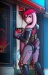  2018 anthro biobasher breasts butt butt_pose clothed clothing detailed_background female hair inside lagomorph looking_at_viewer machine mammal power_armor rabbit ranged_weapon red_eyes red_hair science_fiction short_hair smile solo standing weapon 