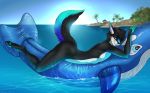  2017 anthro black_fur blue_eyes canine digitigrade eliana-asato fur inflatable_dolphin lying male mammal nude paws sea solo summer water 