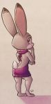 2017 anthro barefoot blush butt butt_pose clothed clothing dipstick_ears disney female fuel_(artist) hi_res judy_hopps lagomorph looking_at_viewer looking_back mammal rabbit rear_view signature simple_background solo standing sweater virgin_killer_sweater zootopia 