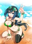  asui_tsuyu beach belt bikini black_hair blue_eyes boku_no_hero_academia breasts dated day from_above goggles goggles_on_head highres kneeling large_breasts long_hair looking_at_viewer looking_up low-tied_long_hair octoman signature single_thighhigh solo swimsuit thighhighs tongue tongue_out v very_long_hair 