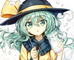  :o bad_id bad_pixiv_id bow commentary_request cup drinking_glass eyebrows_visible_through_hair frilled_shirt_collar frills fuupu glass green_eyes green_hair hair_between_eyes hat hat_bow holding holding_cup holding_spoon komeiji_koishi long_hair looking_at_viewer lowres milk parted_lips shirt solo spoon touhou upper_body white_background yellow_bow yellow_shirt 