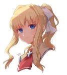  air artist_name blonde_hair blue_eyes cross dated hair_ribbon highres kamio_misuzu long_hair looking_at_viewer misaki_juri neckerchief ponytail red_neckwear ribbon school_uniform simple_background smile solo upper_body white_background white_ribbon 