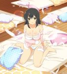  arm_support asuka_(senran_kagura) bad_id bad_tumblr_id barefoot black_hair bow bow_bra bow_panties bra breasts brown_eyes cleavage feathers long_hair looking_at_viewer official_art open_mouth panties pillow senran_kagura senran_kagura_new_wave sitting solo torn_clothes underwear white_bra white_panties yaegashi_nan 