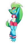  3_toes anthro arms_above_head blue_scales bra breasts clothed clothing digital_media_(artwork) eyelashes female green_hair hair half-closed_eyes hands_behind_head herny hi_res liska_(scalie_schoolie) looking_at_viewer midriff reptile scales scalie scalie_schoolie simple_background smile solo sports_bra toes underwear white_background yellow_eyes 