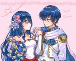  1girl bare_shoulders blue_eyes blue_hair blush bride commentary couple dress elbow_gloves fire_emblem fire_emblem:_monshou_no_nazo formal gloves hair_ornament hetero holding_hands husband_and_wife jewelry kumakosion long_hair marth necklace sheeda simple_background smile strapless suit tiara wedding_dress white_dress white_gloves 