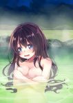  1girl 54hao bangs blue_eyes blurry blurry_background blush breasts brown_hair collarbone commentary_request depth_of_field eyebrows_visible_through_hair hair_between_eyes head_tilt highres long_hair looking_at_viewer medium_breasts night night_sky nipples nude onsen open_mouth original outdoors partially_submerged sky solo steam very_long_hair water 