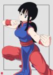  1girl absurdres bangs black_eyes black_hair chi-chi_(dragon_ball) chinese_clothes chris_re5 dragon_ball dragon_ball_(classic) fighting_stance hair_tubes highres low_ponytail pelvic_curtain serious sidelocks signature solo wristband 