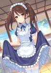  apron bangs blue_dress blue_sky blurry blurry_background blush brown_eyes brown_hair cloud cloudy_sky commentary_request day depth_of_field dress dutch_angle eyebrows_visible_through_hair frilled_apron frills hair_between_eyes hajime_kaname highres indoors long_hair looking_at_viewer maid maid_apron maid_headdress original parted_lips puffy_short_sleeves puffy_sleeves short_sleeves skirt_hold sky solo thighhighs twintails white_apron white_legwear 