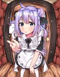  :o absurdres ahoge alternate_costume apron azur_lane bangs black_dress black_ribbon blush bow commentary dress enmaided eyebrows_visible_through_hair fingernails fisheye frilled_apron frills hair_between_eyes hair_bun hair_ribbon highres maid maid_apron norazura on_shoulder one_side_up pantyhose parted_lips pigeon-toed puffy_short_sleeves puffy_sleeves purple_eyes purple_hair reaching_out ribbon short_sleeves side_bun solo standing stuffed_animal stuffed_toy stuffed_unicorn unicorn_(azur_lane) white_apron white_bow white_legwear wooden_door wooden_floor 