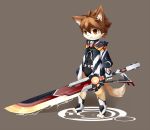  2016 brown_eyes canid canine clothed clothing male mammal melee_weapon rann simple_background solo sword weapon young 