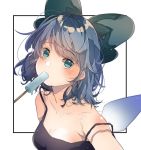  abstract_background aqua_eyes blue_hair blush breasts camisole cirno cleavage food food_in_mouth highres medium_breasts mouth_hold poji_east24 popsicle solo strap_slip touhou 