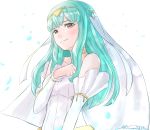  bare_shoulders blue_hair blush bride commentary dress fire_emblem fire_emblem:_rekka_no_ken fire_emblem_heroes formal gloves grimmelsdathird hair_ornament highres jewelry long_hair looking_at_viewer mamkute necklace ninian red_eyes simple_background smile solo strapless wedding_dress white_dress white_gloves 