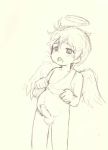  2016 angel balls blush bokustar_fox bottomless clothed clothing erection halo humanoid_penis male not_furry open_mouth penis simple_background sketch solo sota white_background wings young 