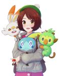  1girl :d animal animal_on_shoulder artist_name backpack bag beret blue_eyes blush brown_eyes brown_hair creatures_(company) female_protagonist_(pokemon_swsh) game_freak green_eyes green_hat grookey hat highres holding holding_poke_ball ippers jacket looking_at_viewer nintendo open_mouth poke_ball pokemon pokemon_(game) pokemon_swsh scorbunny short_hair simple_background smile sobble solo upper_body white_background 