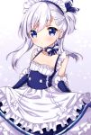  apron azur_lane bangs bare_shoulders belchan_(azur_lane) belfast_(azur_lane) blue_bow blue_dress blue_eyes blue_ribbon bow braid collarbone commentary_request dress elbow_gloves eyebrows_visible_through_hair frilled_apron frills gloves hair_between_eyes hair_ribbon maid maid_headdress one_side_up ribbon silver_hair sleeveless sleeveless_dress solo striped striped_bow uchuuneko waist_apron white_apron 