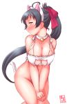  1girl animal_ears bare_shoulders bell bell_choker black_hair blush bottomless bra breasts butt_plug buttplug_tail cat_cutout cat_ears cat_girl cat_tail character_request choker cleavage cleavage_cutout clenched_hands closed_mouth collarbone commentary_request covering covering_crotch dated ears embarrassed fake_animal_ears fake_tail feet_out_of_frame frilled_bra frills furrowed_eyebrows hairband hanging_breasts high_ponytail highres irako_(kantai_collection) jingle_bell kanon_(kurogane_knights) kantai_collection large_breasts leaning_forward long_hair long_ponytail looking_at_viewer multi-strapped_bra nape nose_blush pigeon-toed profile shiny shiny_hair shiny_skin signature simple_background solo tail underwear underwear_only v_arms very_long_hair white_background white_bra white_choker white_hairband white_tail wrists_extended yellow_eyes 