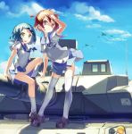  absurdres aircraft blue_hair brown_hair cloud commentary_request day graphite_(medium) green_eyes ground_vehicle highres military military_vehicle motor_vehicle multiple_girls original pink_eyes school_uniform short_hair sky smile tank tank_turret traditional_media type_10_(tank) zhongye_yu 