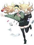  akira_(kadokawa) backpack bag black_legwear black_shorts blonde_hair blue_eyes breasts candy collared_shirt drink enemy_lifebuoy_(kantai_collection) food full_body gambier_bay_(kantai_collection) green_footwear green_shirt hair_between_eyes hairband ice_cream kantai_collection large_breasts map official_art open_mouth pocket shirt shorts stuffed_animal stuffed_toy thighhighs tissue tripping twintails white_background 