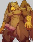  abs anthro avian balls beak big_balls big_muscles big_penis erection grey_background gryphon knuxlight looking_at_viewer male mature_male muscular muscular_male nude pecs penis precum simple_background solo 