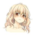  bare_shoulders blonde_hair blush bow braid collarbone commentary_request eyebrows_visible_through_hair funnyfunny hair_between_eyes hair_bow kirisame_marisa long_hair looking_at_viewer no_hat no_headwear portrait simple_background single_braid solo touhou wavy_hair white_background white_bow yellow_eyes 