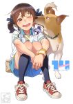  animal aoi_sora_(pairan) brown_eyes brown_hair dog gym_uniform hair_ornament hairclip highres open_mouth original pairan red_footwear shorts teeth text_focus twintails wristband 