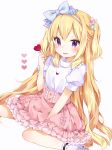  :3 :d bangs between_legs blonde_hair blue_bow blue_hairband blush bow braid candy chico152 eyebrows_visible_through_hair food frilled_skirt frills hair_between_eyes hair_bow hairband hand_between_legs heart heart_lollipop highres holding holding_lollipop lollipop long_hair open_mouth original pink_bow pink_skirt plaid plaid_bow polka_dot polka_dot_legwear puffy_short_sleeves puffy_sleeves purple_bow purple_eyes purple_footwear shirt shoes short_sleeves simple_background skirt smile solo two_side_up very_long_hair white_background white_legwear white_shirt 