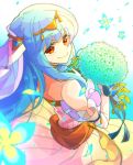  bare_shoulders blue_hair bride commentary dress fire_emblem fire_emblem:_rekka_no_ken fire_emblem_heroes flower formal gloves hair_ornament hzk_(ice17moon) jewelry long_hair looking_at_viewer mamkute necklace ninian red_eyes simple_background smile solo 