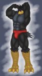  &lt;3 abs anthro avian beak big_muscles bird bulge clothed clothing corvid crow english_text hi_res looking_at_viewer male muscular muscular_male open_mouth pecs solo text topless zephir 