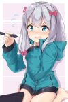  absurdres bad_id bad_pixiv_id bangs barefoot blue_hair blue_jacket blush bow collarbone commentary_request drawing_tablet eromanga_sensei eyebrows_visible_through_hair fang flying_sweatdrops hair_between_eyes hair_bow hands_up highres holding holding_stylus izumi_sagiri jacket long_hair long_sleeves looking_at_viewer nose_blush ohshit open_mouth silver_hair sitting sleeves_past_wrists solo stylus tablet track_jacket v-shaped_eyebrows very_long_hair wariza 
