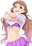  bangs bikini bikini_skirt blush bracelet brown_hair commentary_request eyebrows_visible_through_hair front-tie_bikini front-tie_top idolmaster idolmaster_cinderella_girls jewelry kamiya_nao long_hair looking_at_viewer low_twintails miri_(ago550421) navel open_mouth purple_bikini red_eyes shirt shirt_lift short_sleeves simple_background solo stomach swimsuit thick_eyebrows twintails undressing very_long_hair wet wet_clothes wet_hair wet_shirt white_background white_shirt 