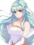  bare_shoulders blue_hair breasts bride cleavage commentary dress elbow_gloves fire_emblem fire_emblem:_rekka_no_ken fire_emblem_heroes formal gloves hair_ornament jewelry kokouno_oyazi large_breasts long_hair looking_at_viewer mamkute necklace ninian red_eyes sidelocks simple_background smile solo strapless strapless_dress wedding_dress white_dress white_gloves 
