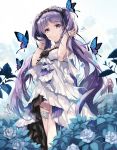  armlet bangs bug butterfly closed_mouth dress euryale eyebrows_visible_through_hair fate/grand_order fate/hollow_ataraxia fate_(series) flower hairband headdress hirai_yuzuki insect lolita_hairband long_hair multiple_girls purple_eyes purple_hair rain rider rose smile solo_focus stheno strapless strapless_dress twintails water white_dress white_flower white_rose 
