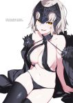  arm_support bare_shoulders bikini black_bikini black_legwear breasts cape cleavage cowboy_shot fate/grand_order fate_(series) fur_trim grey_hair halter_top halterneck headpiece highres jeanne_d'arc_(alter)_(fate) jeanne_d'arc_(fate)_(all) large_breasts navel o-ring open_mouth ress short_hair simple_background sitting smile solo swimsuit thighhighs white_background yellow_eyes 