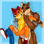  abs anal anal_penetration anthro balls bandicoot clenched_teeth clothing crash_bandicoot crash_bandicoot_(series) crunch_bandicoot cum cum_in_ass cum_inside cum_on_chest cum_on_self cum_while_penetrated duo erection from_behind fur gay green_eyes hands-free holding male mammal marsupial mutant_serpentina orgasm pants pants_down penetration penis sex sheath size_difference stand_and_carry_position standing teeth video_games 