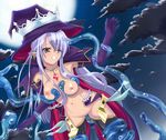  1girl armpits blush breast_grab breasts cape clenched_teeth cloud earrings elbow_gloves fatima gloves grabbing hat highres jewelry long_hair luminous_arc luminous_arc_2 monster moon mound_of_venus navel night nipples pendant pointy_ears purple_hair rape restrained sky teeth tentacle thighhighs wince witch witch_hat 